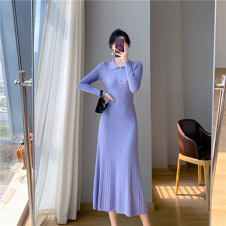 Sweater Dress Women New  Autumn Winter Purple White Or Black High Waist A Line Dress Elegant Long Knitted Dress (Available)