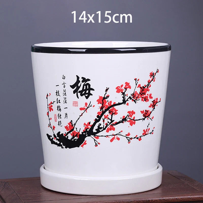 China Jingdezhen Ceramic Flower Pot Vintage Ink Painting Desktop Decorative Vase Indoor Greenery Landscape Breathable Flower Pot (Available)