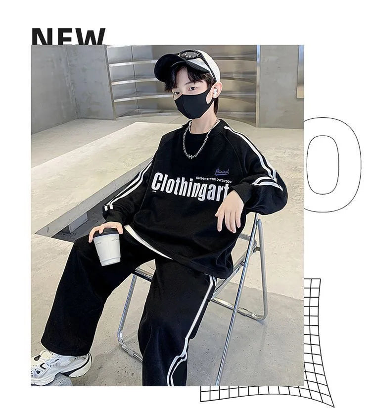 Teenager boys Suit autumn winter Cloth letter striped sweatshirt hooded + wide leg Pants tracksuit 5 8 10 12 Year Child set