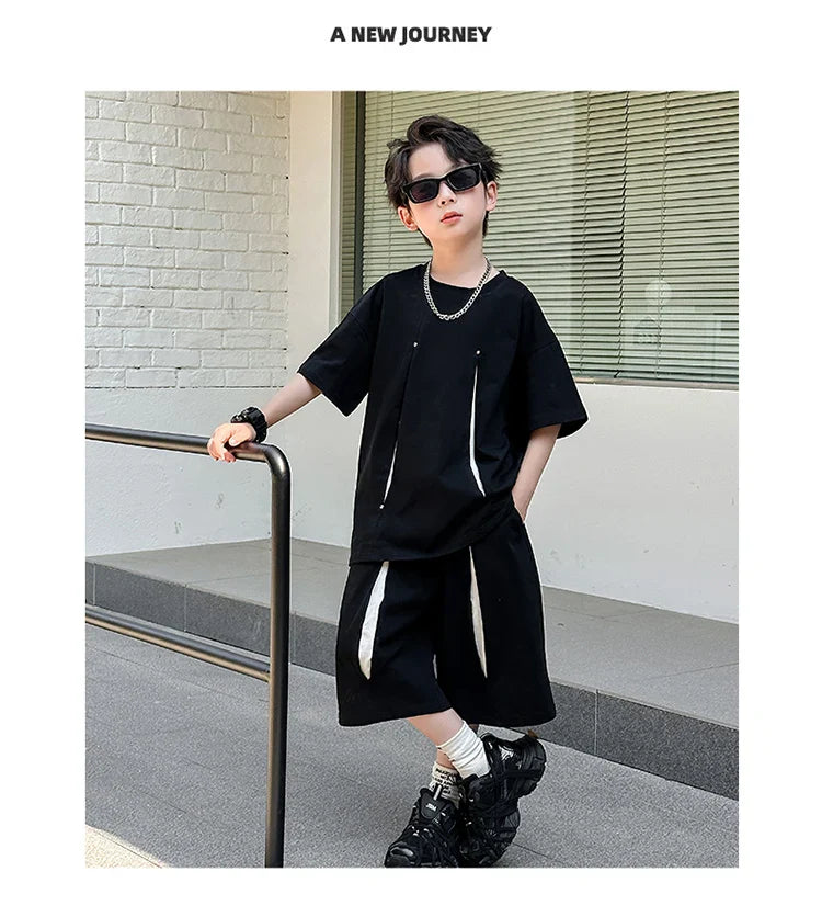 American Kids Design Double Cotton Gauze Clothing Set For Teenage Boy Casual Summer Top and Bottom Clothes Set Child Tracksuit