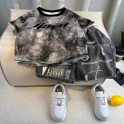 New Boys Sleeveless Vest Denim Shorts 2PC Sets Outdoor Festival Clothing Vintage Print Kids Miracle Design 2-10 Years White Tops