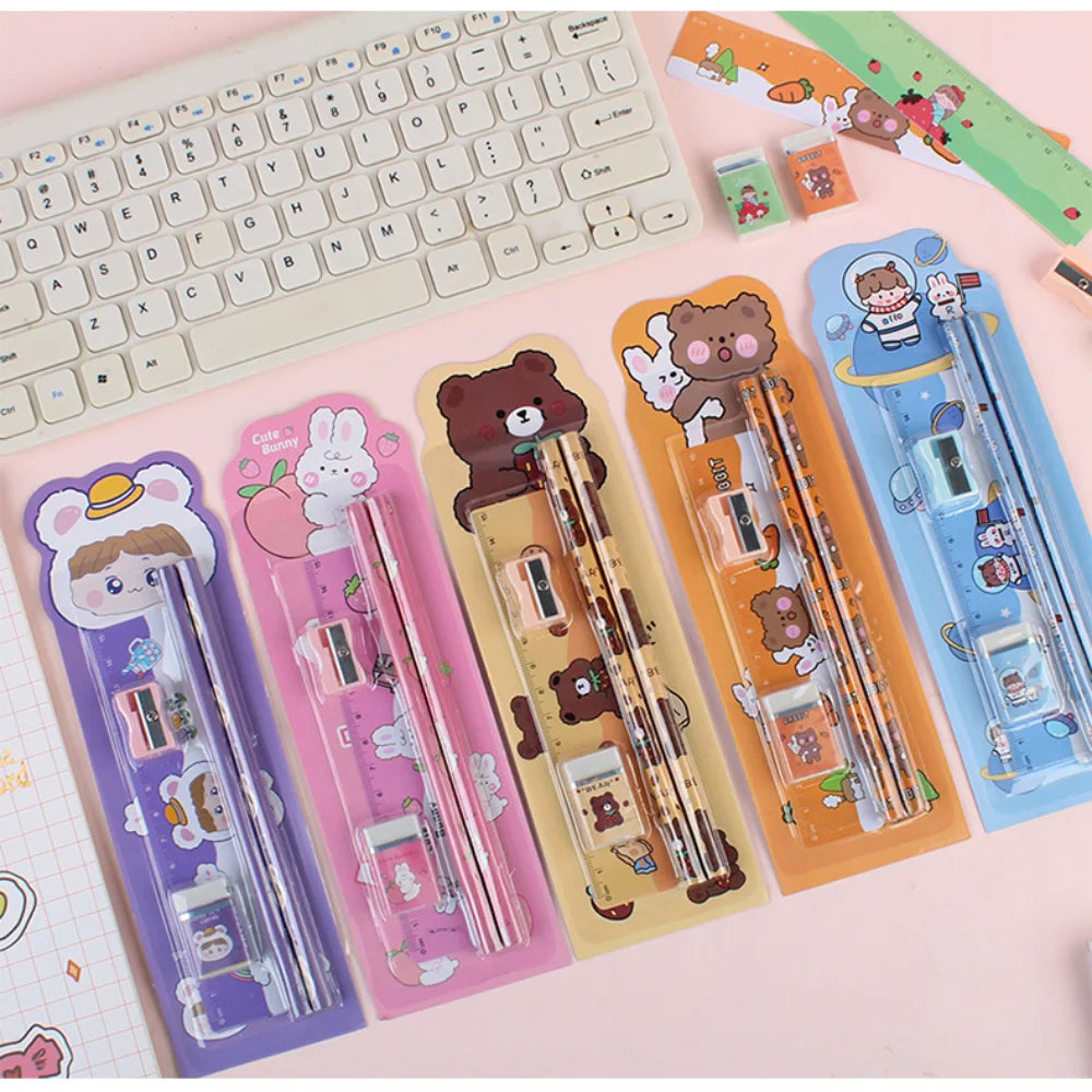 5Pcs Cute Cartoon Stationery Set Pencil Ruler Eraser Pencil Sharpener Kawaii Children School Scrapbook Supplies Set For Gifts