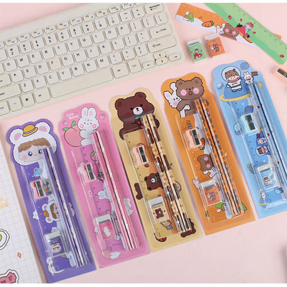 5Pcs Cute Cartoon Stationery Set Pencil Ruler Eraser Pencil Sharpener Kawaii Children School Scrapbook Supplies Set For Gifts