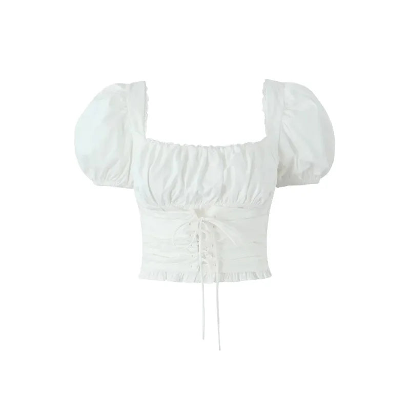 Mingmingxi Short Sleeve Cropped Top Women Fashion White Square Neck Tops Preppy Style Cotton Lace Up Blouse Women Clothing