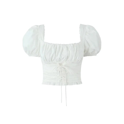 Mingmingxi Short Sleeve Cropped Top Women Fashion White Square Neck Tops Preppy Style Cotton Lace Up Blouse Women Clothing