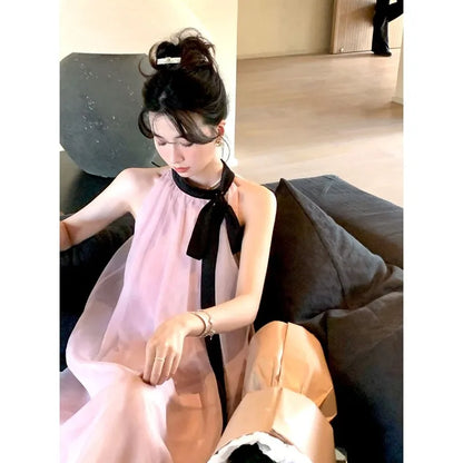 Women's Pink Halter Neck Maxi Dress With Black Bow Detail Sheer Chiffon Flowy Resort Party Dress