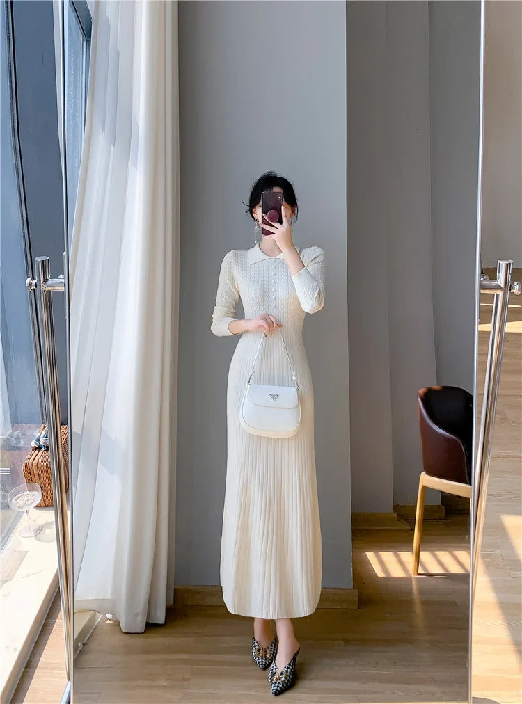 Sweater Dress Women New  Autumn Winter Purple White Or Black High Waist A Line Dress Elegant Long Knitted Dress (Available)