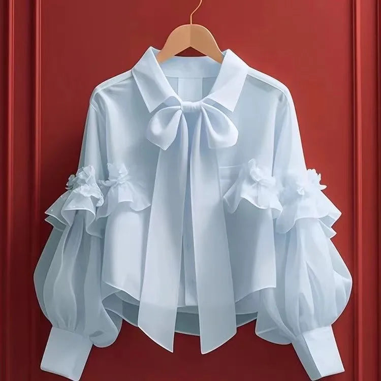 Spring Autumn New Women French Sweet Blue Bow Short Shirt Elegant Versatile Loose Cardigan Ladies Long-sleeved Blouse Tops