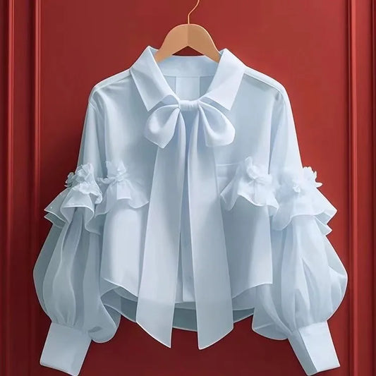 Spring Autumn New Women French Sweet Blue Bow Short Shirt Elegant Versatile Loose Cardigan Ladies Long-sleeved Blouse Tops