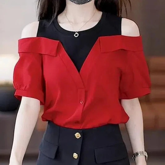 Summer Women's Casual Fashion Elegant Commuting Round Neck Pullover with Hollow Open Back Panel Loose Short sleeved Top