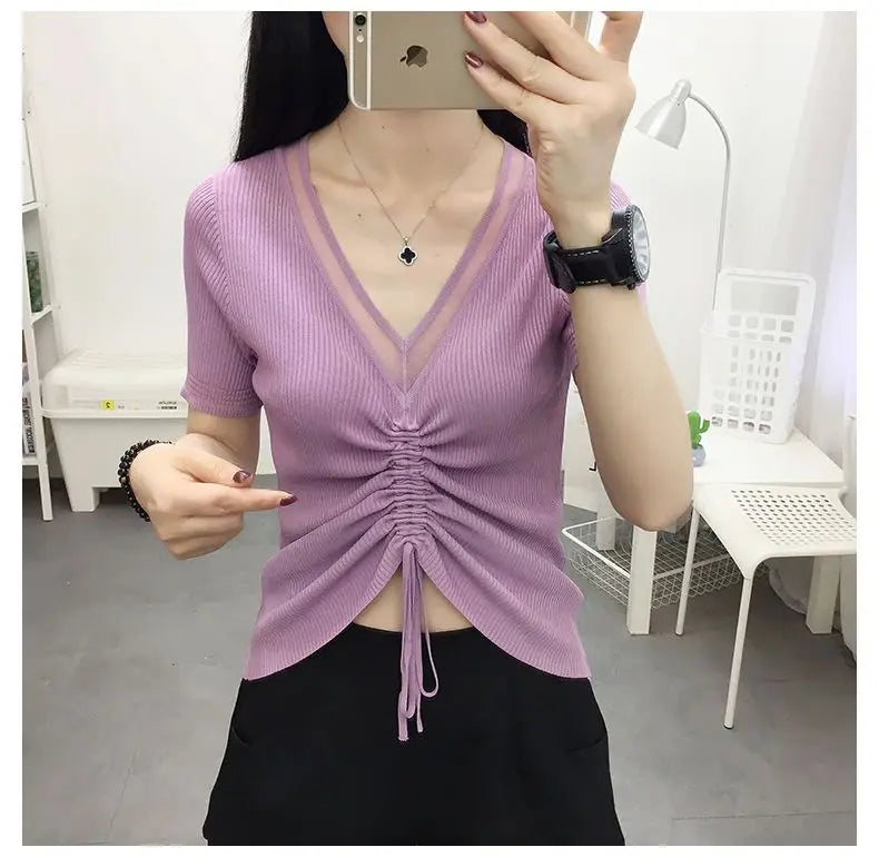 Ice Silk Short Sleeve T-shirt for Women in Summer New Thin V Neck Drawstring Solid Color Casual Tops Fashion Office Clothing
