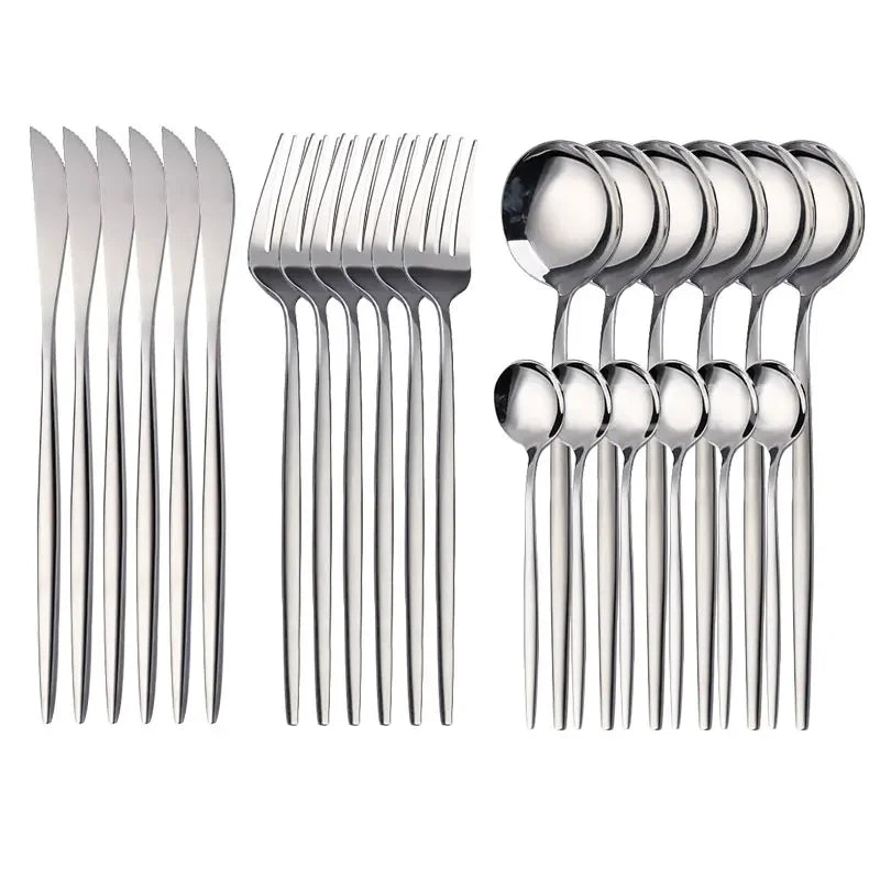24PCS Cutlery Set Stainless Knife Fork Spoon Flatware Tableware Set Gold Gift Box Portable Dinnerware Dishwasher Kitchenware