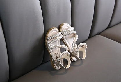 Summer Children's Sandals Korean Style Open-toe Kids Girls Causal Rhinestone Pearl Flats Sandals Fashion Princess Dress Shoes