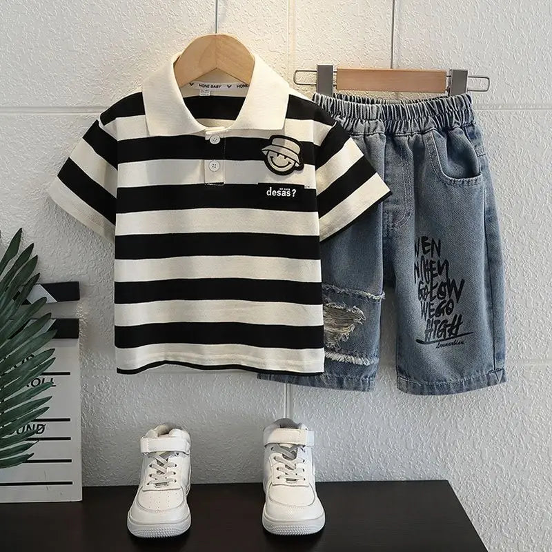 Boys 2025 Summer Outfit T-Shirt and Jeans Korean Polo Fashion 2PCS Casual Clothing Korean Reviews Top Toddler Kids Clothes Sets (Available )