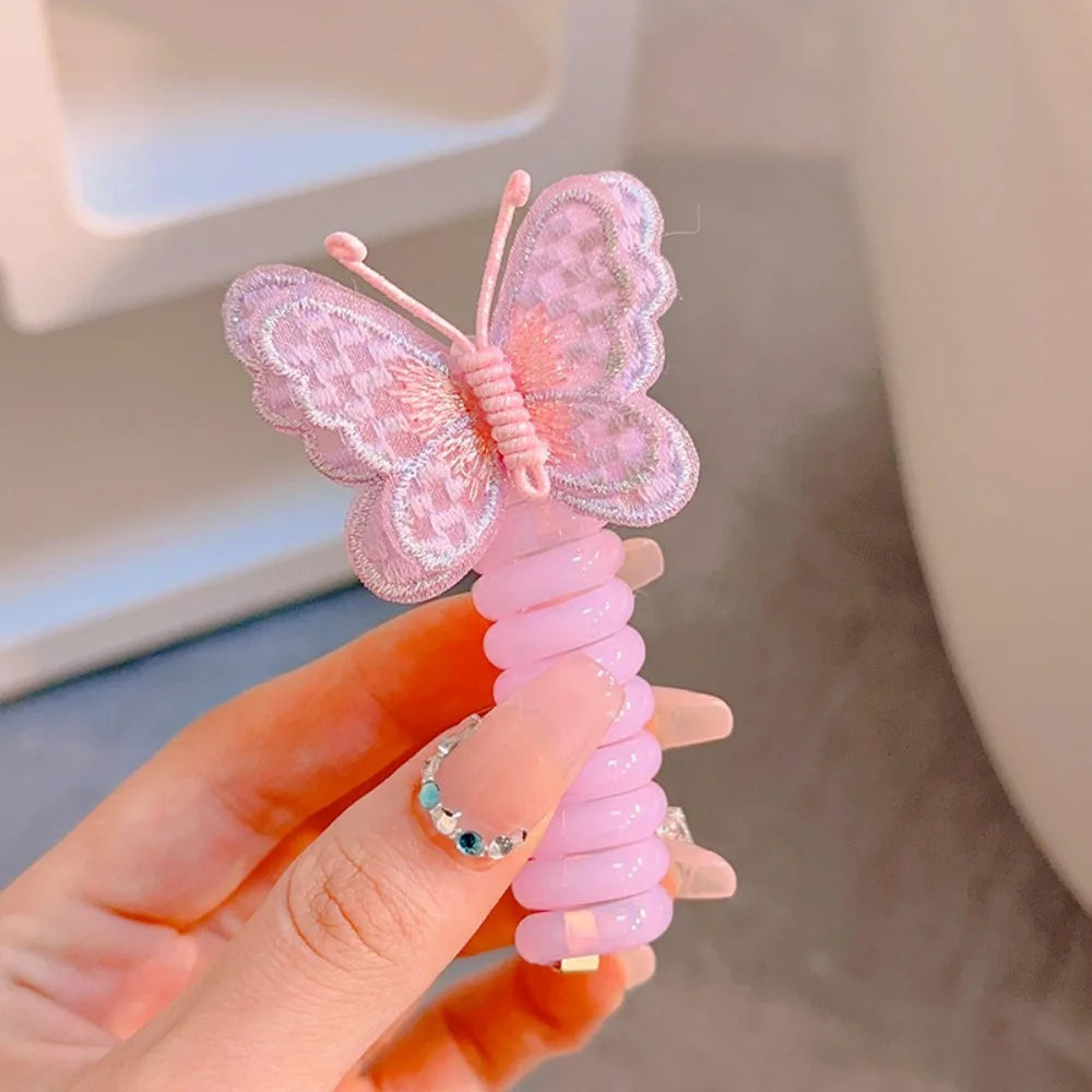 Cute Elastic Telephone Wire Line DIY Butterfly Hair Bundle Phone Cord Ponytail Holder Girls