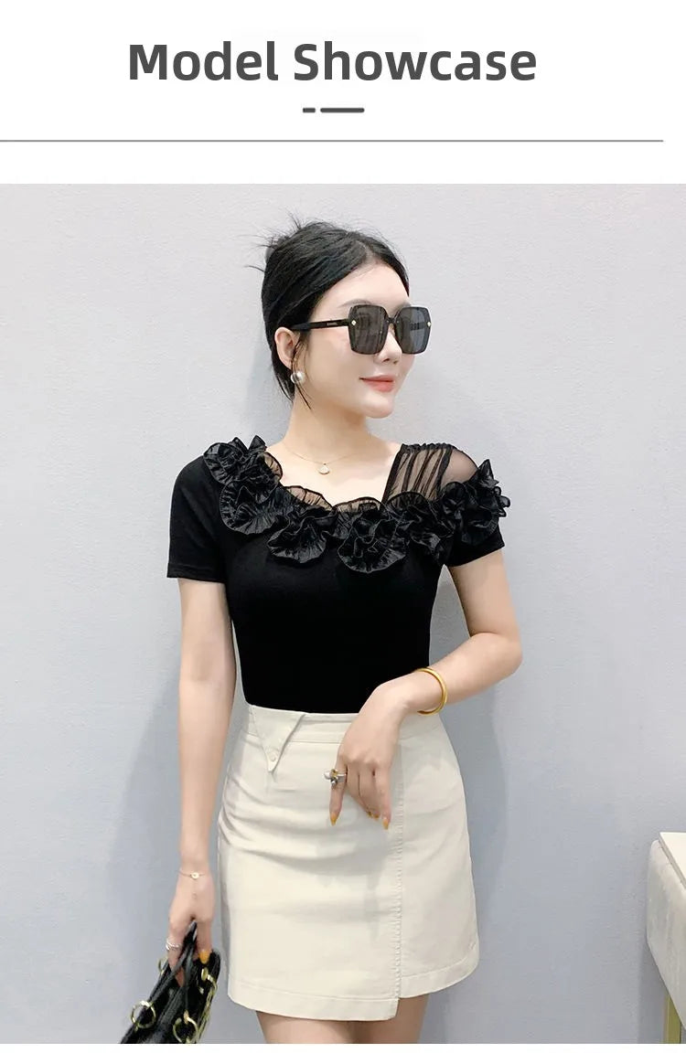 Faionable Floral Lace Ear ort Sve Slimming Me oulder Bared T-Shirt Women's Casual Sle Polyester Fabric Tee irt