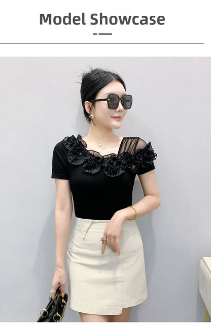 Faionable Floral Lace Ear ort Sve Slimming Me oulder Bared T-Shirt Women's Casual Sle Polyester Fabric Tee irt
