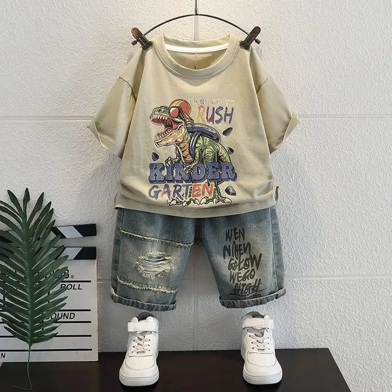New Boys Sleeveless Vest Denim Shorts 2PC Sets Outdoor Festival Clothing Vintage Print Kids Miracle Design 2-10 Years White Tops