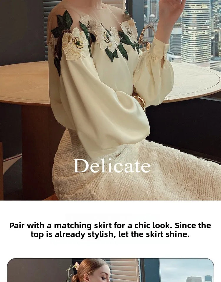 Embroidered Heavy Work Satin Patchwork irt Women's Sle Spring New Arrival Long Sve round Ne Fly Sve Lace Top