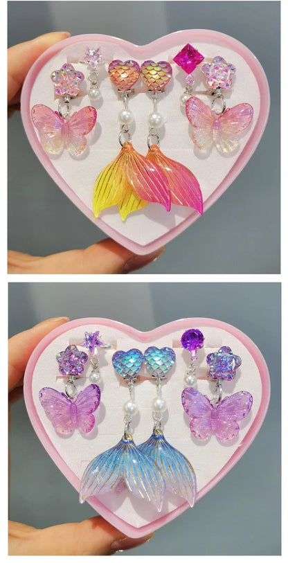 3pair Cute Children Ear Clip Earrings for Girl Without Ear Holes Sweet Mermaid Baby Ear Clip Set