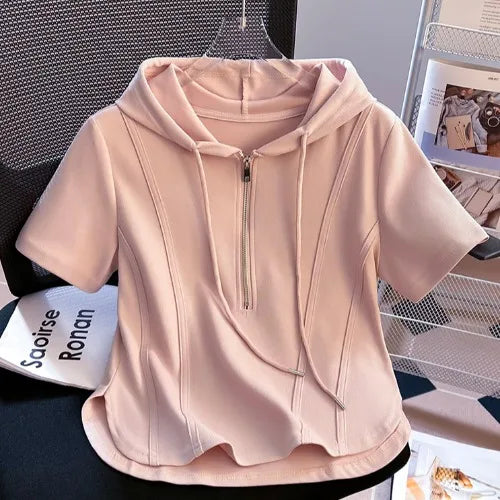 Summer New Women's Zipper Hoodie ort Sve T-irt Pure Cotton Slim Fit ort Fibone Top Korean Sle Commute Faion