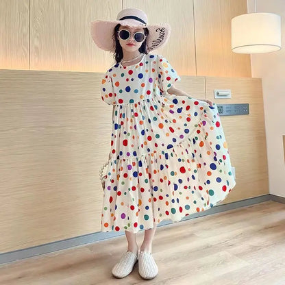 Fashion Summer Girls Dress 2026 Dot Beach Long Dress For Girl Bohemia Children Princess Loose Dresses Costume Teen 8 10 12 14 Y