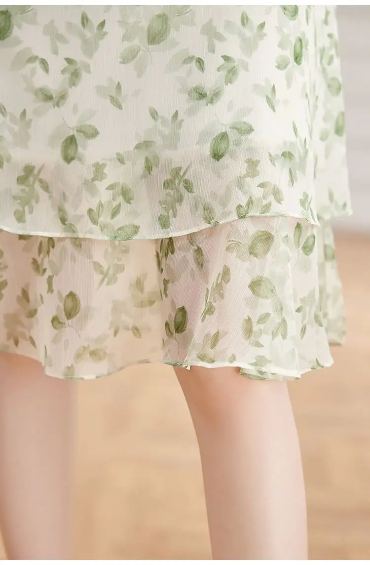 Women's Green Floral Print Chiffon Dress V Neck Ruffle Sleeve Double Layer Hem Casual Midi Dress
