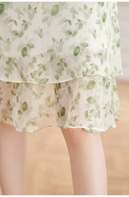 Women's Green Floral Print Chiffon Dress V Neck Ruffle Sleeve Double Layer Hem Casual Midi Dress