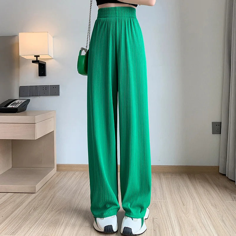 Korea Dongdaemun Ice Silk Wide-leg Pants Women's Thin Slimming Floor Pants White Striped Pants Y2K Fashion Pants Baggy (Available)