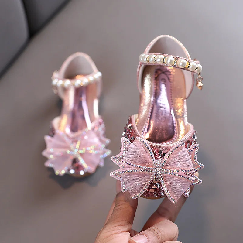 Girls Sandals Princess Single Shoes Rhinestone Butterfly Dance Kids Shoes Glitter Leather Party Dress Wedding Shoes E615
