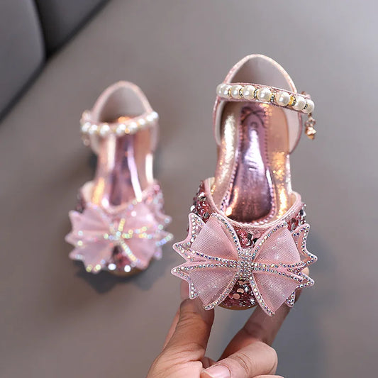 Girls Sandals Princess Single Shoes Rhinestone Butterfly Dance Kids Shoes Glitter Leather Party Dress Wedding Shoes E615