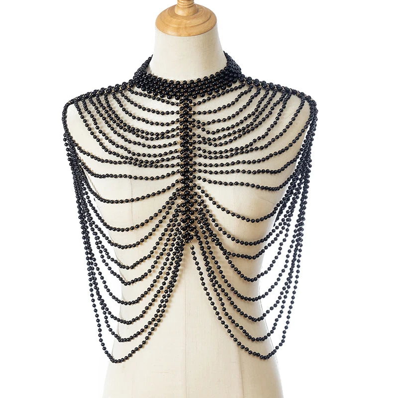 European and American summer accessories hand-woven pearl shoulder chain Bra chain Tassel multi-layer necklace women's body chai