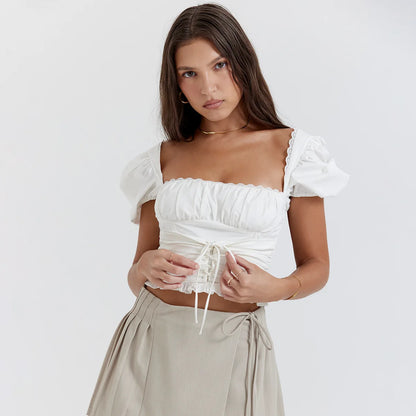 Mingmingxi Short Sleeve Cropped Top Women Fashion White Square Neck Tops Preppy Style Cotton Lace Up Blouse Women Clothing