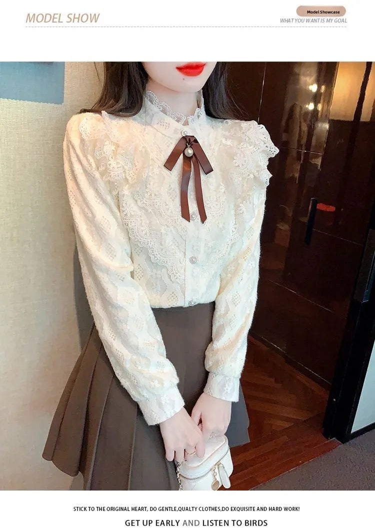 Women's Fce Lined Lace Blouse Thiened Autumn Winter Faion Inner Wear  Knot irt Stand Collar Regular Fit