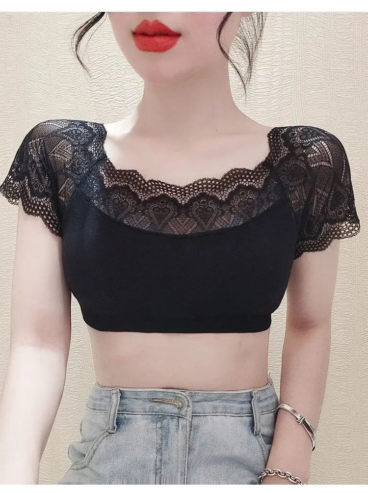 Lace Splice ort Sve Base irt Women's Summer Top Beautiful Ba Design Daily Wear Versatile Universal Fit Boting Tee