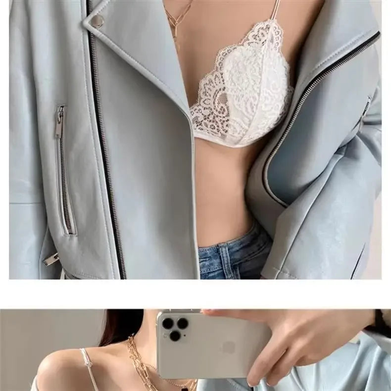 Lace thin band romantic French triangular cup gathering invisible bra without underwire