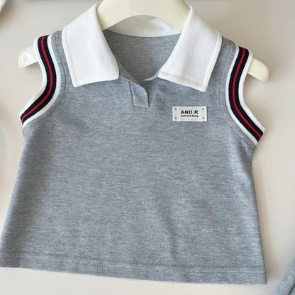 Baby Girl College Style Summer 2PCS Clothes Set Polo Collar Kid Girl Vest Top Set Thin Stylish Stripe Pleated Skirt Belle Outfit