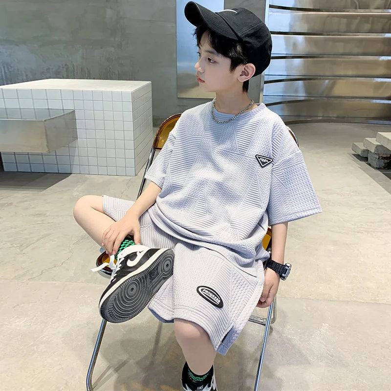 Fashion Boys Summer Sets 2024 New Teenager Casual Outfits Children Trends Clothes Suits Kids Short Sleeves Tops+Baggy Pants 2Pcs (Available)