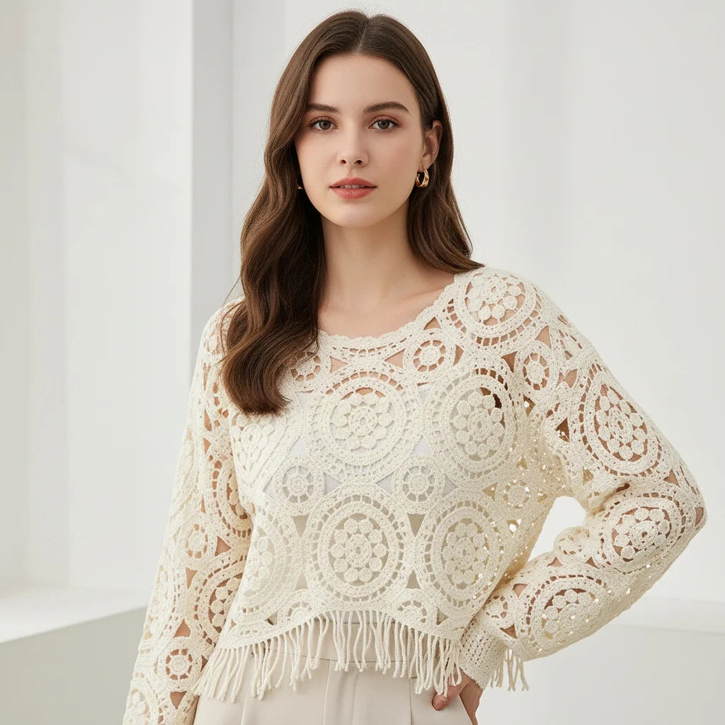 Women Tassel Hook Flower Hollow Out Short Knitting Retro Ethnic Style Round Neck Knitted Female Fashion Loose Top Spring Summer