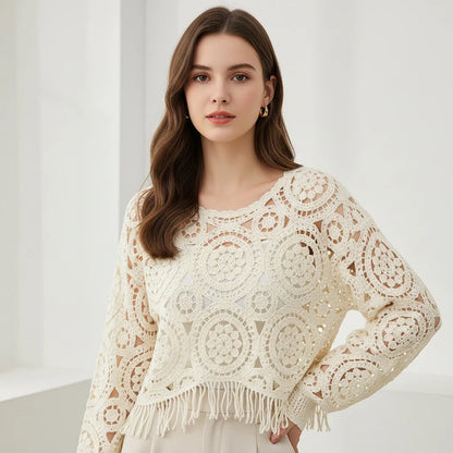 Women Tassel Hook Flower Hollow Out Short Knitting Retro Ethnic Style Round Neck Knitted Female Fashion Loose Top Spring Summer