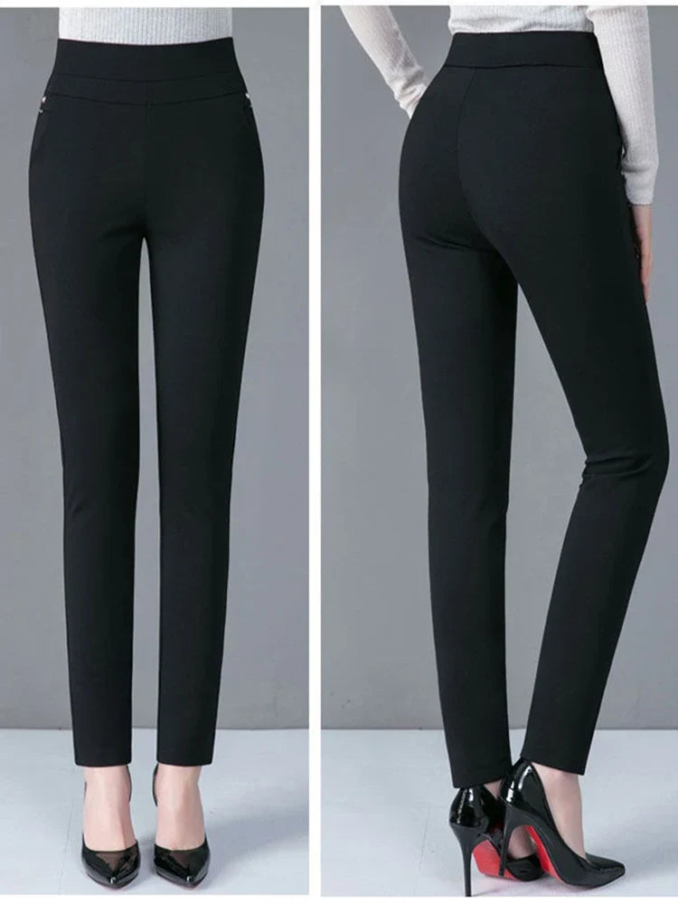 Autumn Winter Casual Elegant Office Slimming Solid Color Fleecing Thick Thin Women's Pants Elastic Waist Tight Pencil Pants (Available)