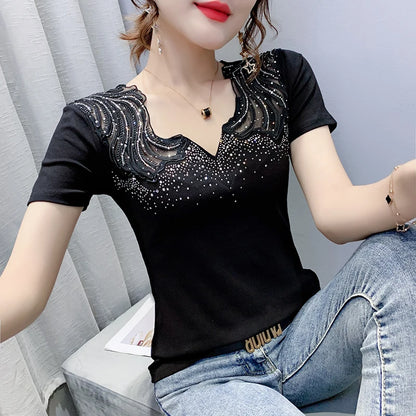 Sexy Hollow out V-Ne Rhinestone ort Sve T-irt Women Summer New Lace Me Top Trendy Anti-Aging Versatile Small irt