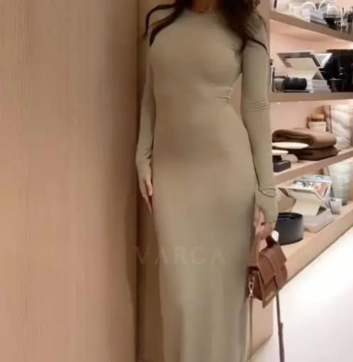 Womens Dresses 2025 Spring Autumn New Fashion Sexy Skinny Hip Hugging Comfortable Solid Color Casual Round Neck Long Dress
