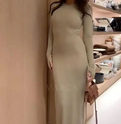 Womens Dresses 2025 Spring Autumn New Fashion Sexy Skinny Hip Hugging Comfortable Solid Color Casual Round Neck Long Dress
