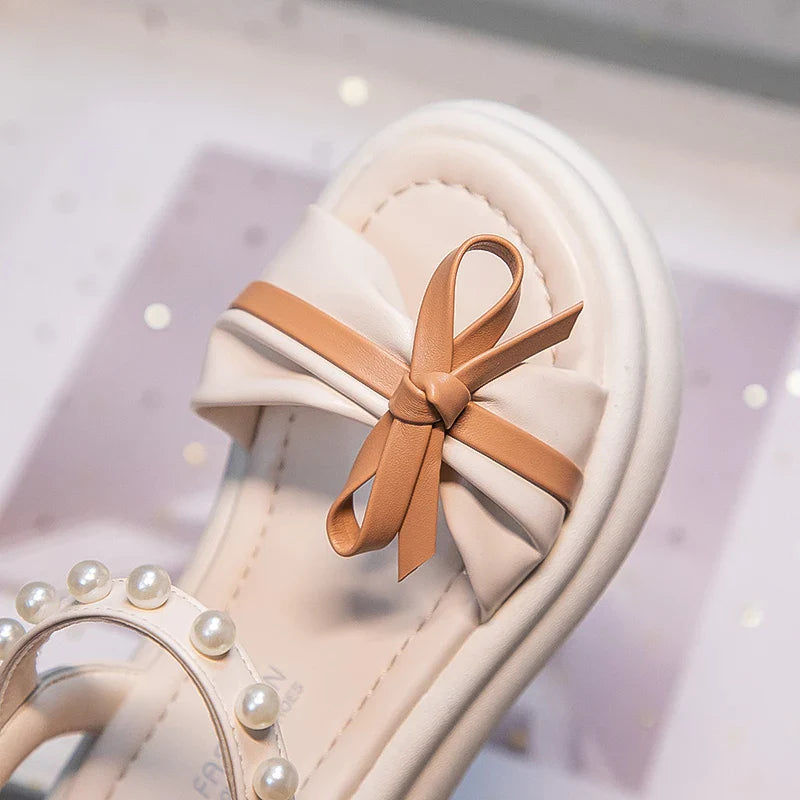 Girls Sweet Princess Sandals Soft Bottom Children Summer Beach Shoes Non-Slip Soft Sole Kids Flats Beading Sandals with Bow-knot