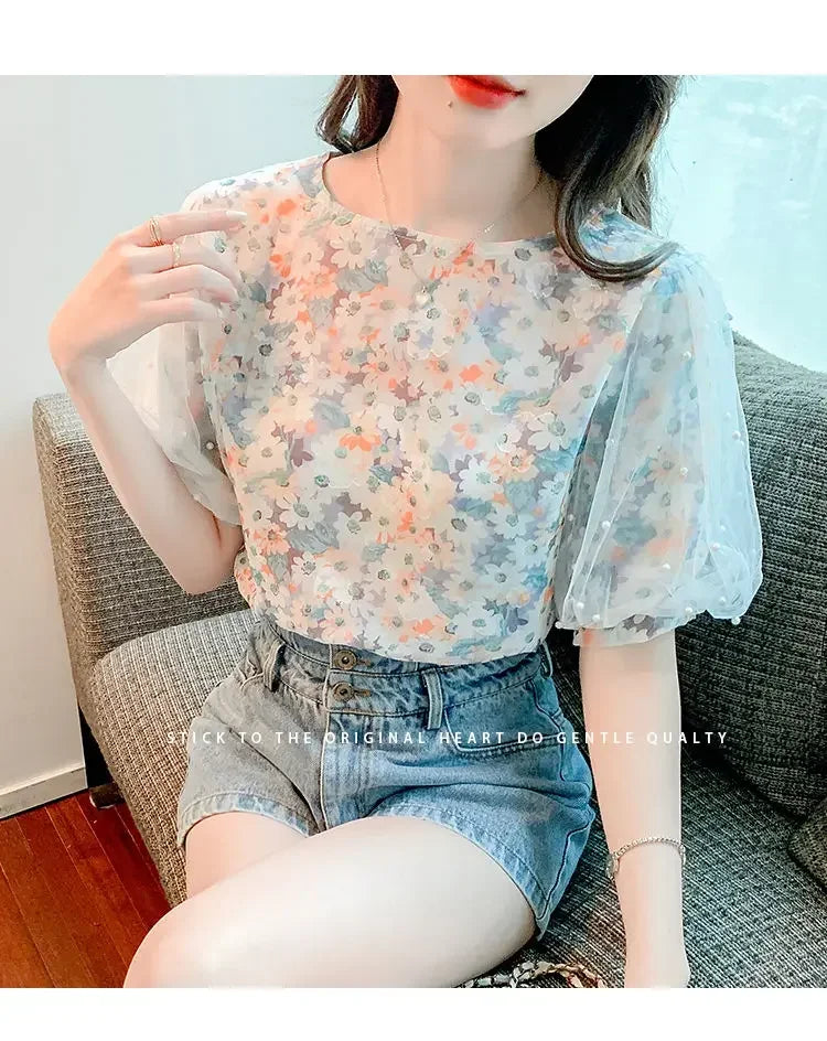Floral Short-sleeved Chiffon Women's New Puff Sleeve Top Chic and Fashionable Shirt