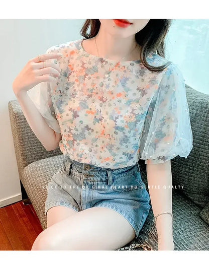 Floral Short-sleeved Chiffon Women's New Puff Sleeve Top Chic and Fashionable Shirt