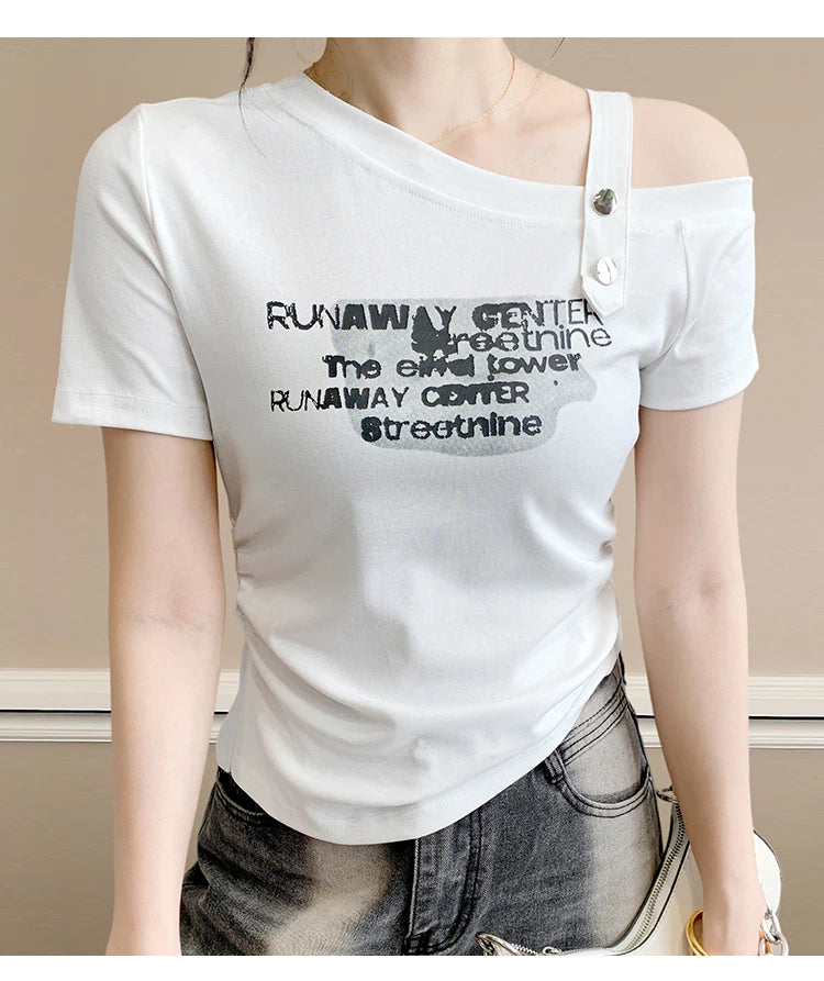 Sexy oulder Bared T irt Women's ort Sve Asymmetrical Collar Faionable Slimming Top Korean Sle Cotton Blend Summe...