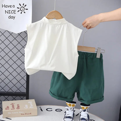 Kids Baby Boy 2 Piece Set Summer Fashion Letter Print Turtleneck Sleeveless T-shirts and Shorts Infant Boys Clothes Outfits