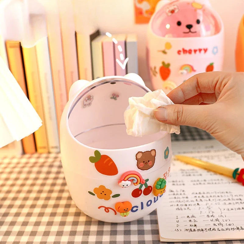 Mini Desktop Trash Can Organizer Cute Bear Multifunction Creative Cosmetic Bucket with Lid Pen Holder Kawaii Stickers Patchers